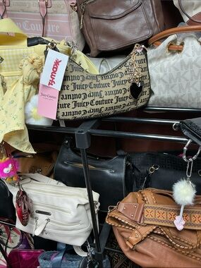 Juicy Couture Brown Logo Canvas Shoulder Bag with Black Strap and Gold Accents